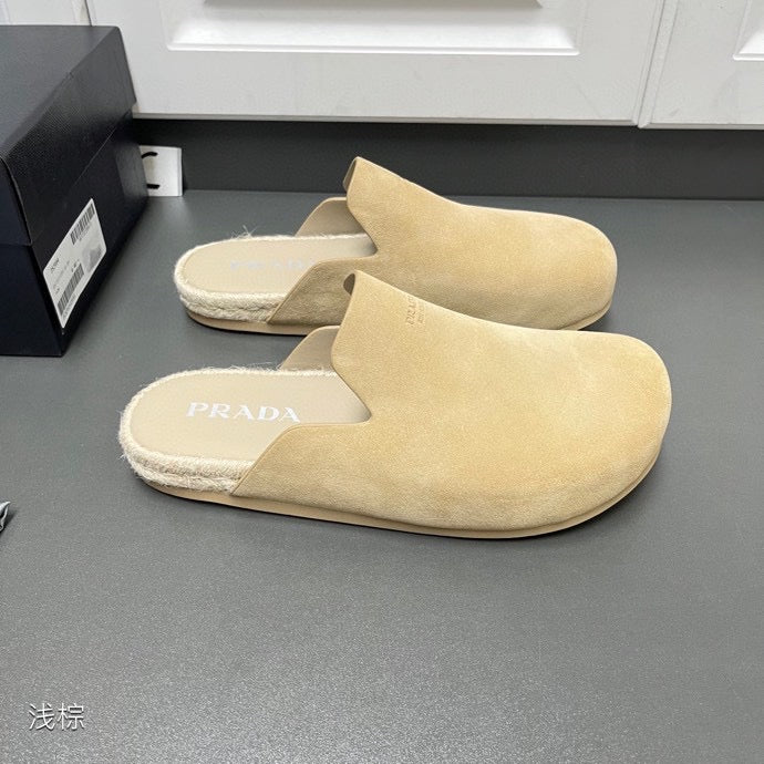 Prada slip-on sandals with tan suede upper and fluffy lining, pair view