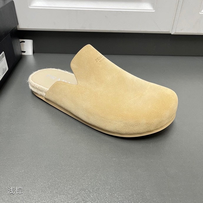 Prada tan suede mule sandal with open toe and textured outsole