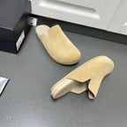 Prada slip-on sandals, tan suede uppers with cushioned, looped footbed trim
