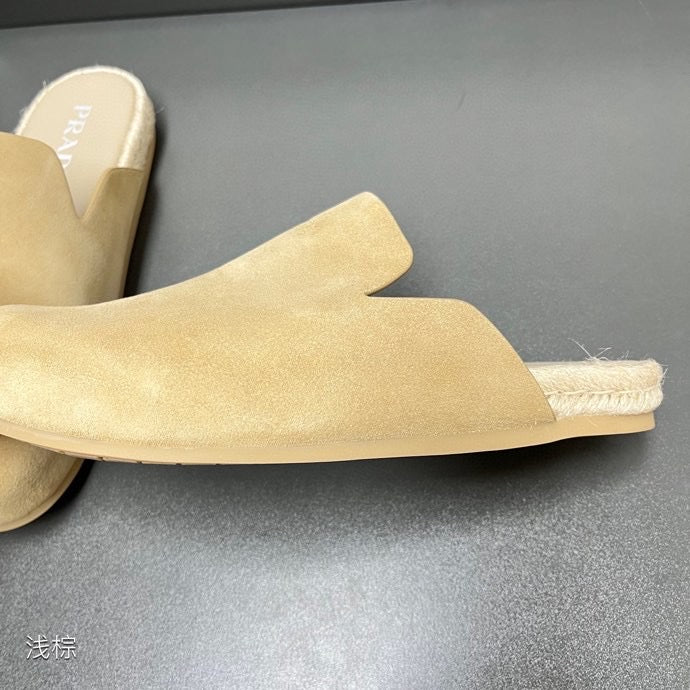 Prada suede slip-on sandal with open toe cutout and soft footbed trim