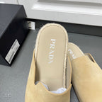 Prada sandals with PRADA logo insole, tan suede lining and cushioned edge
