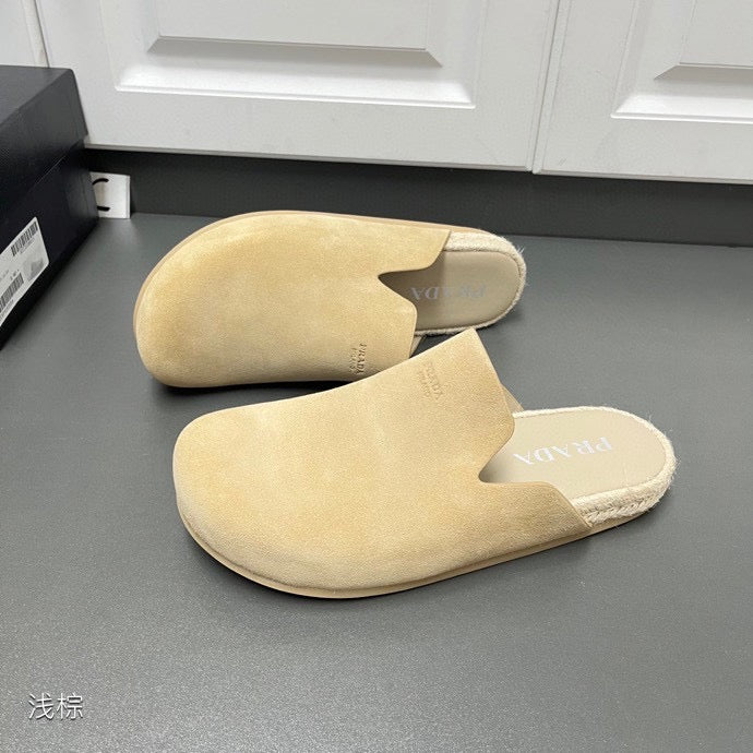 Prada suede mules with cutout instep, light tan upper and textured footbed