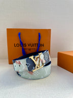 Louis Vuitton belt with blue-and-light monogram print and gold-toned buckle on display
