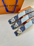 Louis Vuitton belt set of three: blue-and-light monogram straps with gold-toned buckles
