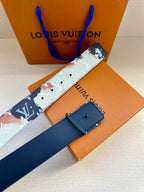 Louis Vuitton belt with multicolor strap, silver hardware, and dark blue adjustable holes