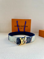 Louis Vuitton belt featuring navy and light blue monogram pattern with gold-toned LV buckle