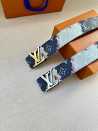 Louis Vuitton belt pair view: multicolor monogram strap with gold LV buckle and holes