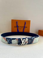 Louis Vuitton belt in navy and light blue with floral patchwork and large LV buckle