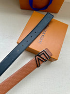 Dark brown leather belt with prong holes and silver-tone LV buckle