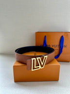 Brown leather belt with gold-tone LV buckle and coiled profile