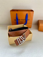 Tan monogram-textured leather belt with LV buckle and matching loop