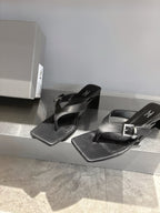 Balenciaga black leather sandals with buckle strap, square toe, side-by-side