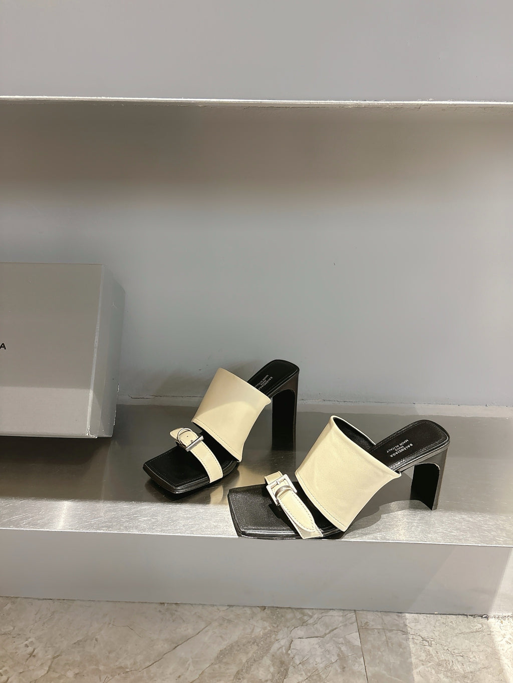 Balenciaga cream and black block-heel sandals with metal buckle at instep