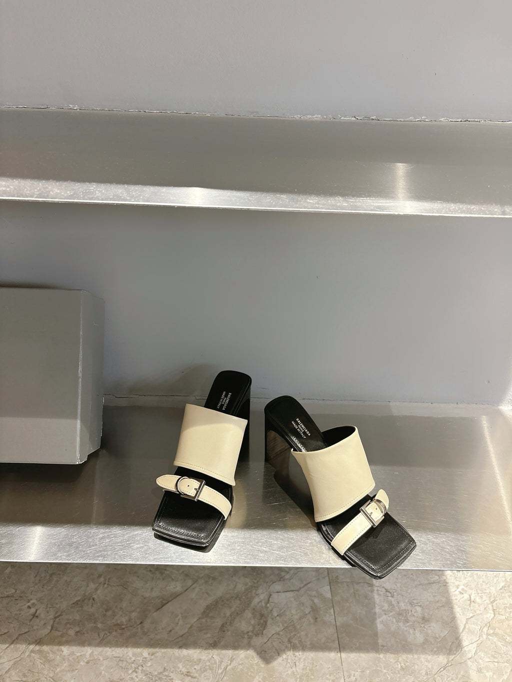 Balenciaga cream and black slide sandals, square toe and adjustable front strap