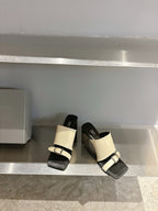 Balenciaga cream and black slide sandals, square toe and adjustable front strap