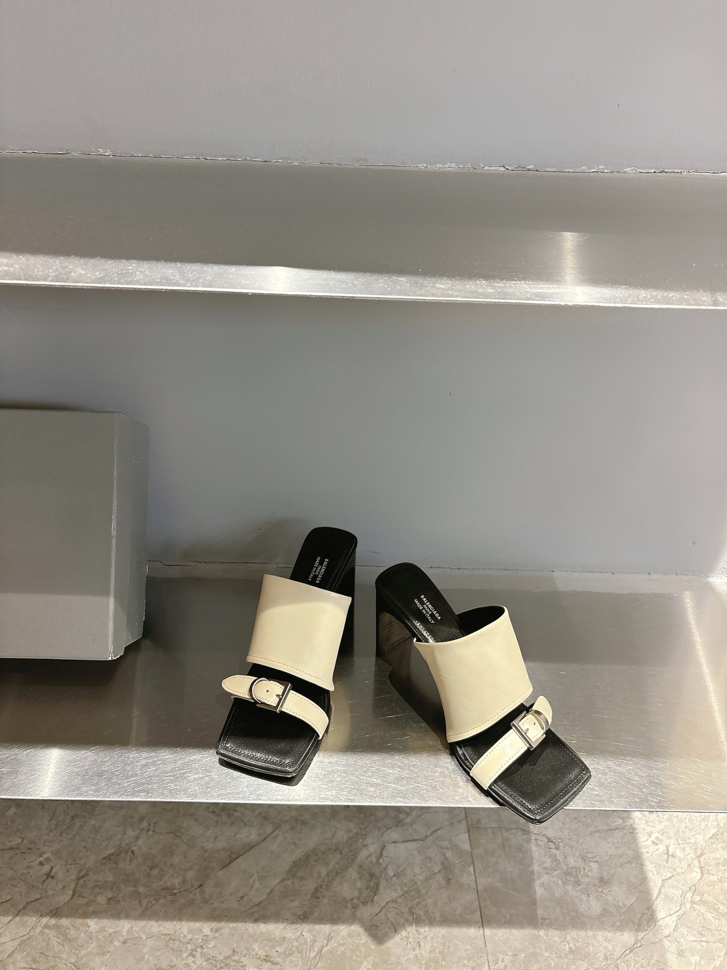 Balenciaga cream and black slide sandals, square toe and adjustable front strap