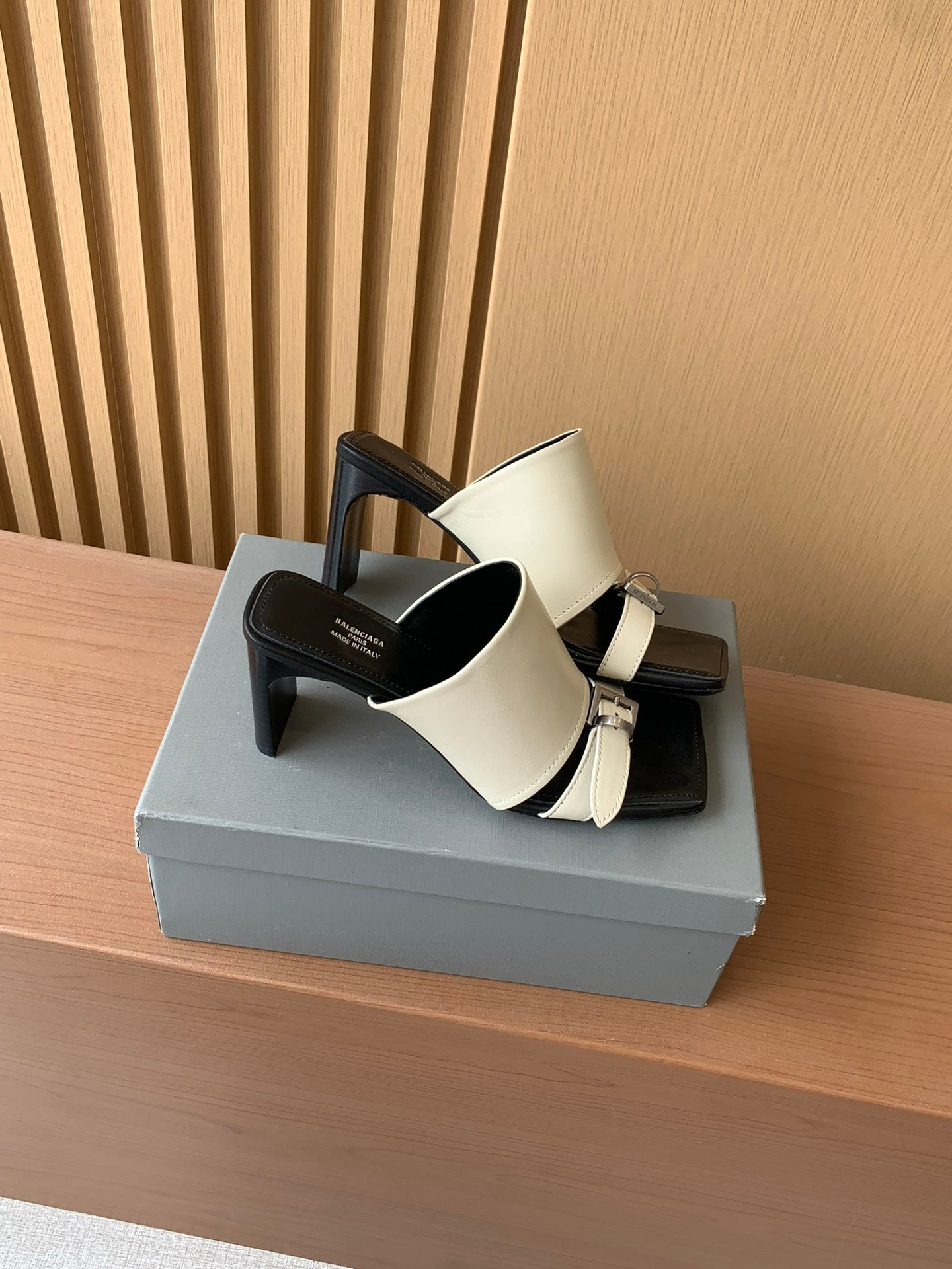 Balenciaga heeled sandals with cream ankle strap and black square heel