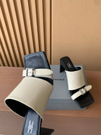 Balenciaga heeled sandals with cream and black leather straps, square heel
