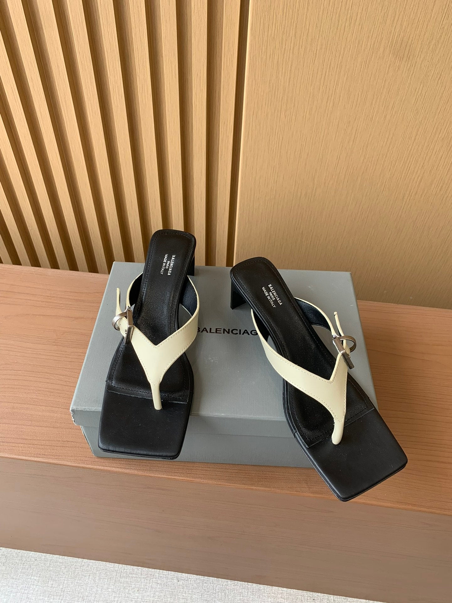 Balenciaga thong sandals, cream V-strap on black with gold buckle