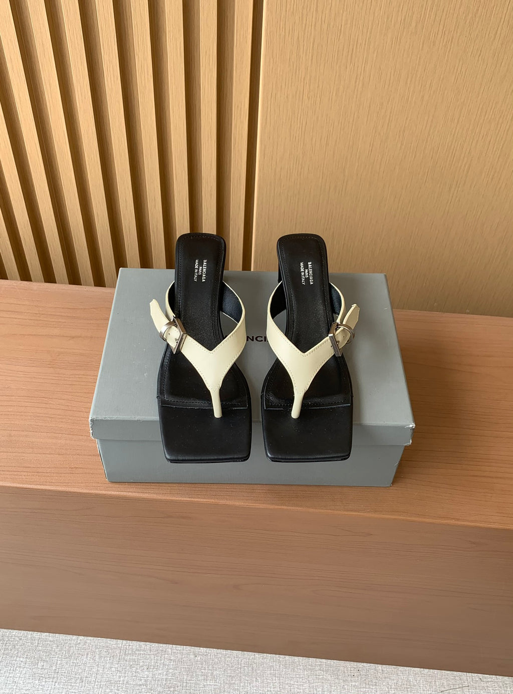 Balenciaga thong sandals, black with cream V-strap and gold buckle