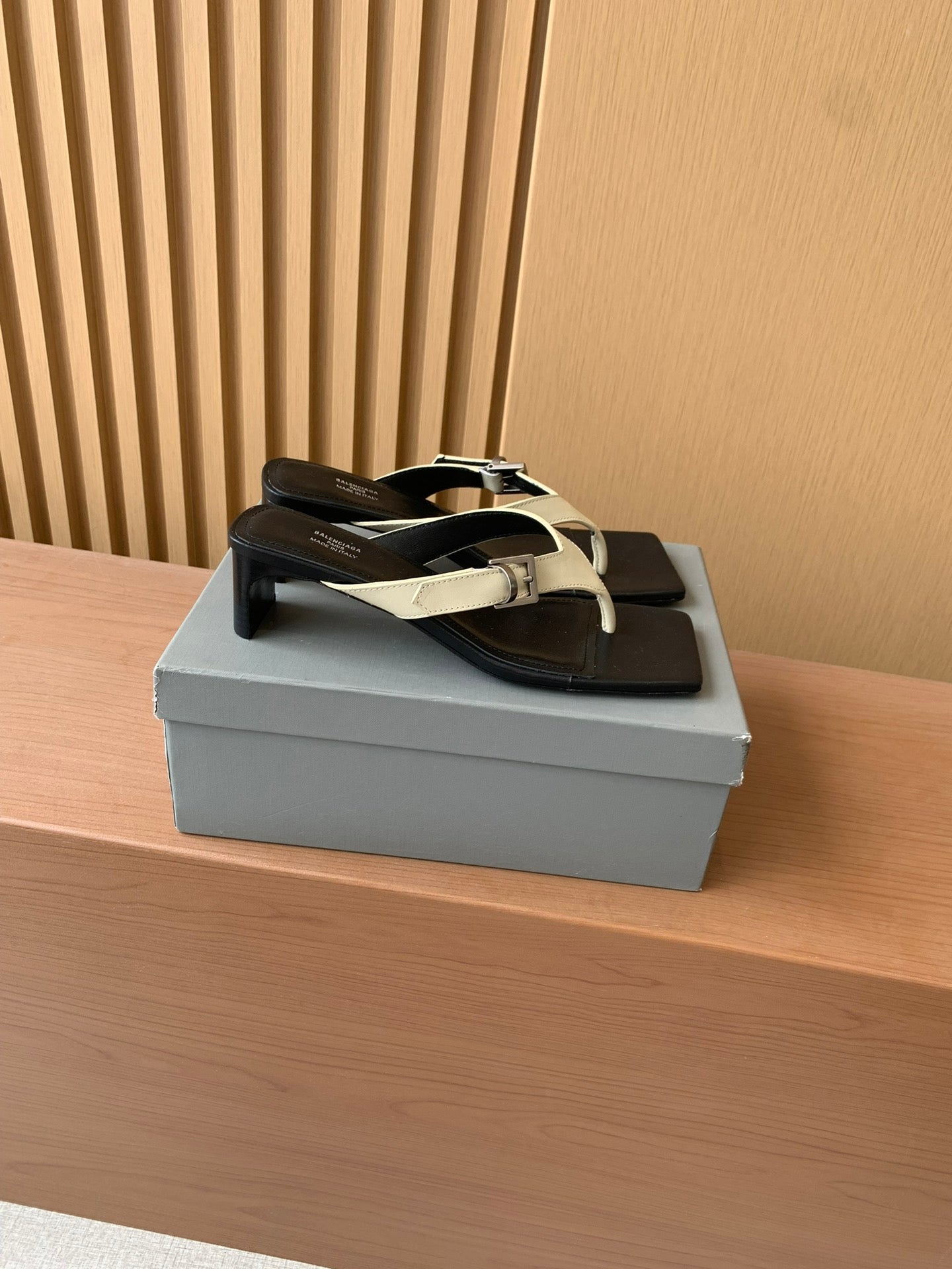 Balenciaga thong sandals, black with cream V-strap, side view