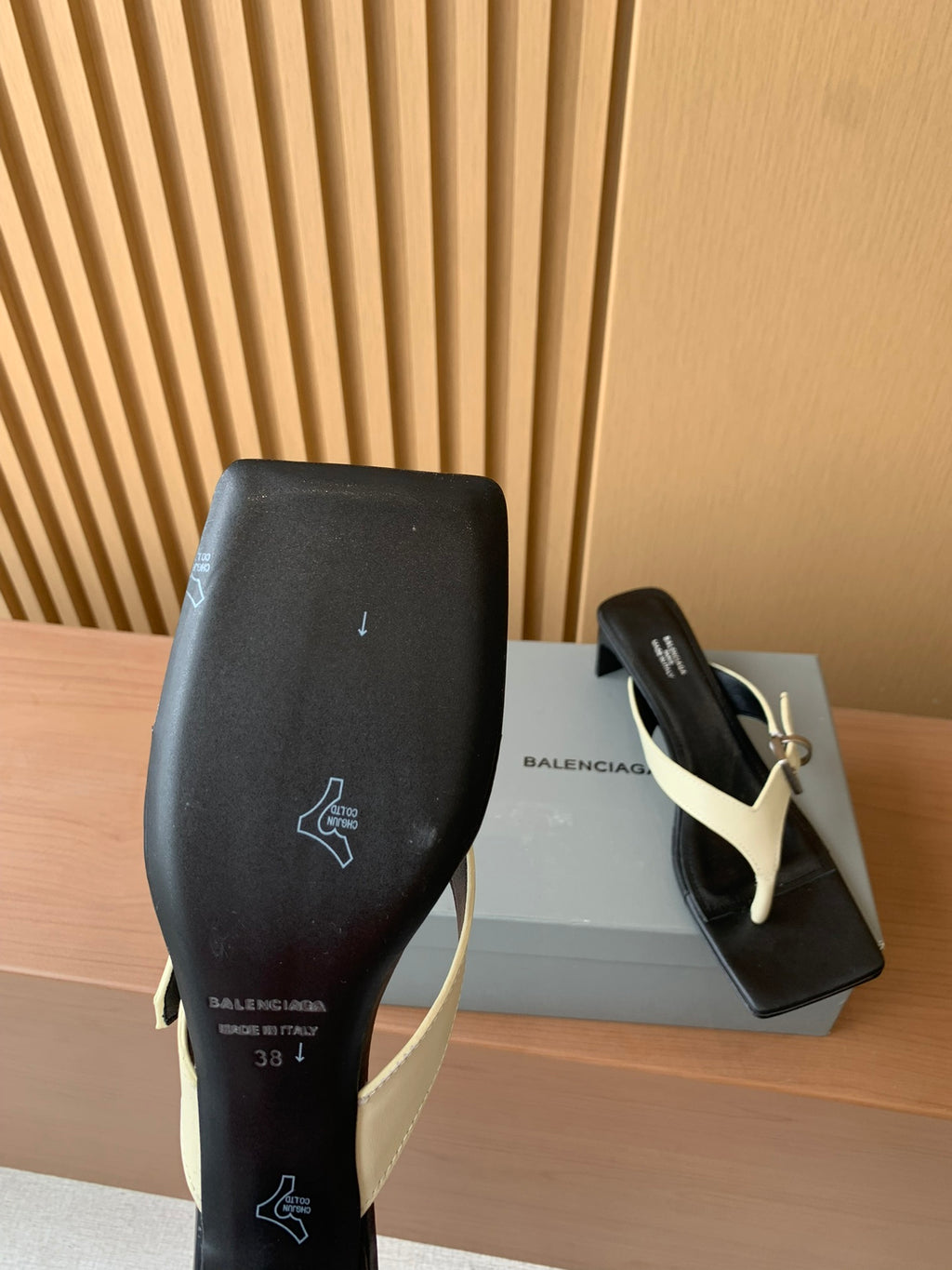 Balenciaga thong sandals, black footbed with cream trim and embossed size