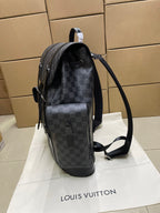 Louis Vuitton Damier-check backpack with side pocket and adjustable shoulder strap, angled