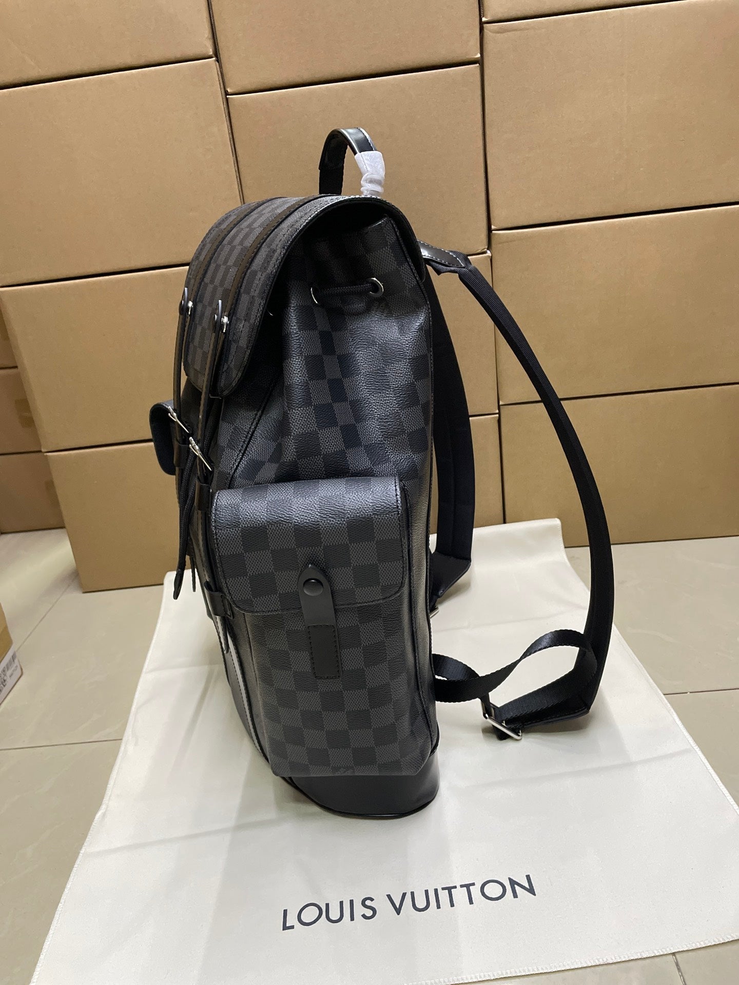 Louis Vuitton checkered canvas backpack with side view and adjustable shoulder straps, dark