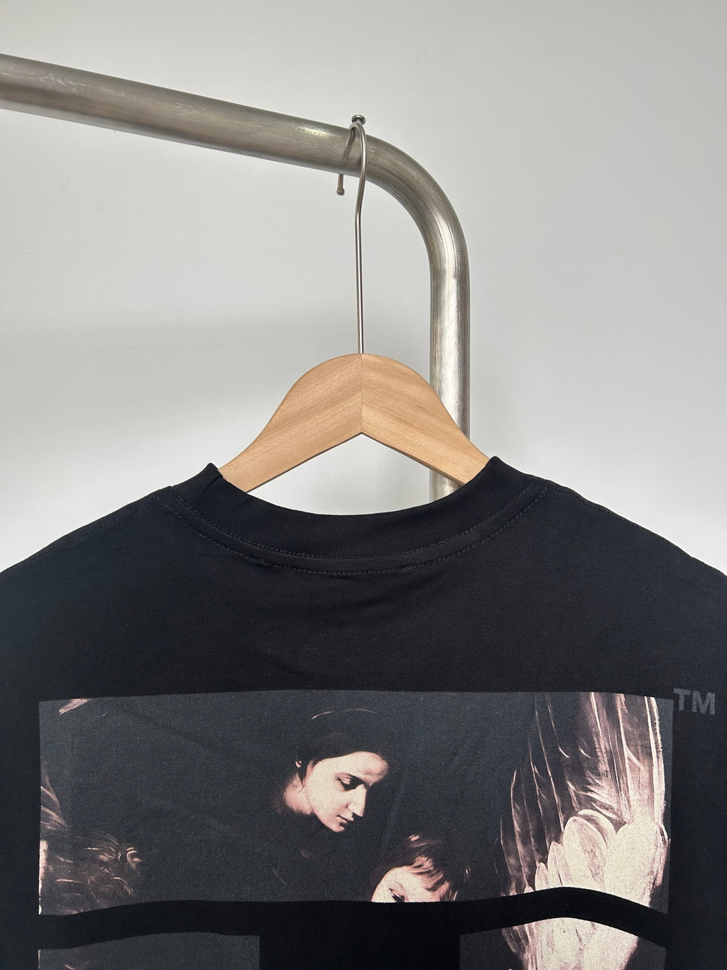 Off White black T-shirt back graphic panel with photo art under crew neck