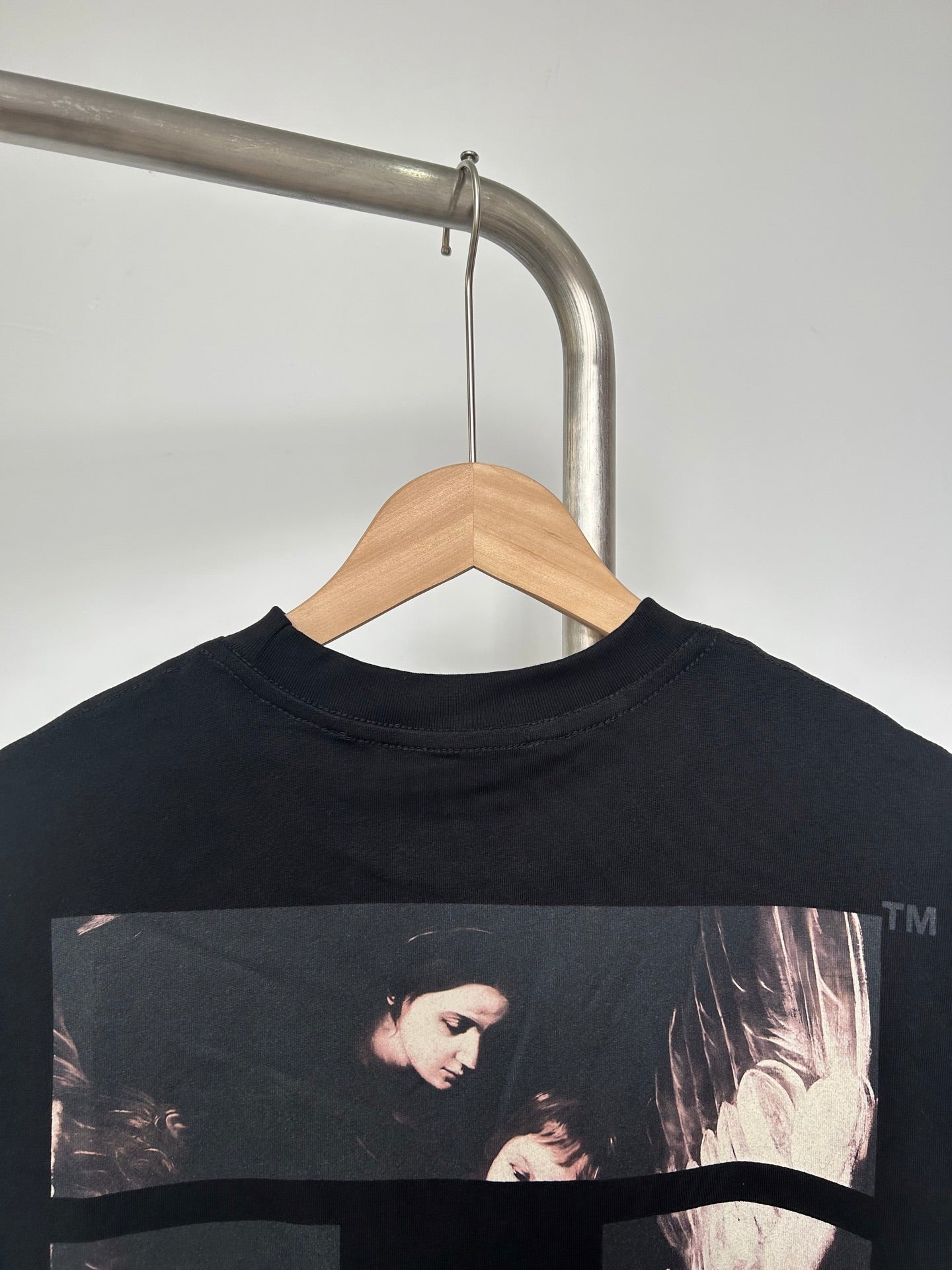 Off White black T-shirt back graphic panel with photo art under crew neck