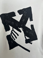 Off-white T-shirt close-up of large black graphic hands illustration