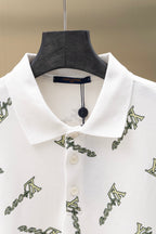 White polo shirt neckline with button placket and Louis Vuitton-style logo print