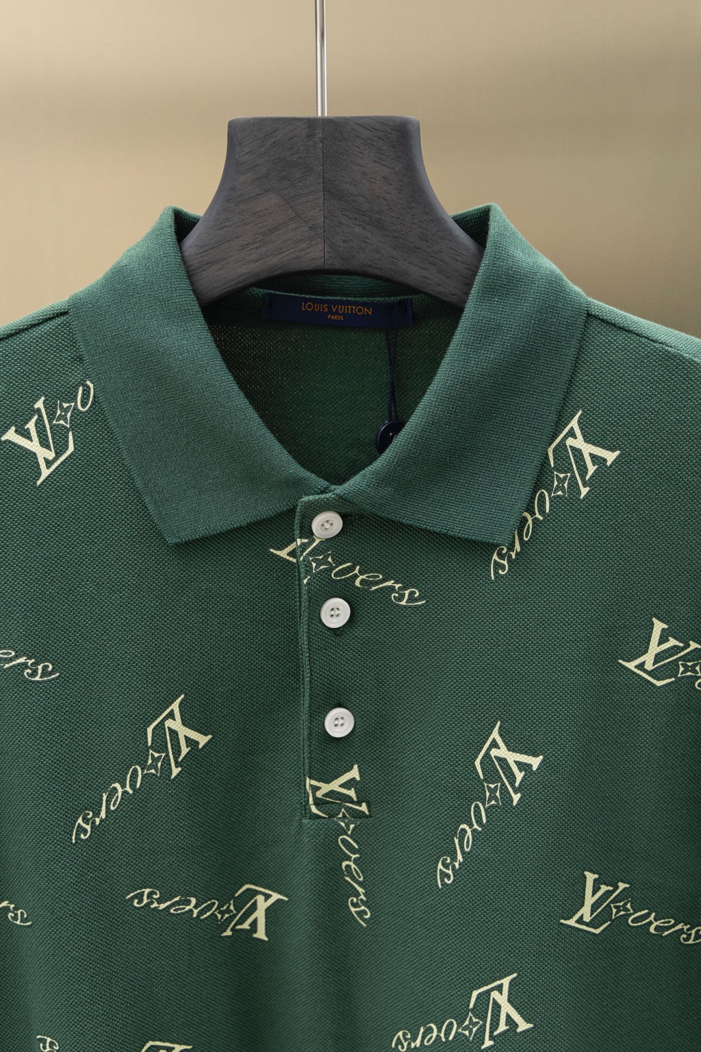 Louis Vuitton polo shirt collar and button placket in dark green with logo embroidery