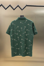 Louis Vuitton polo shirt in dark green with repeating logo pattern and short sleeves, back view