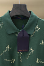 Louis Vuitton polo shirt front in dark green with repeating logo pattern and button placket