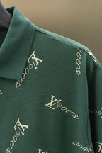 Louis Vuitton polo shoulder and sleeve in dark green with repeating logo pattern