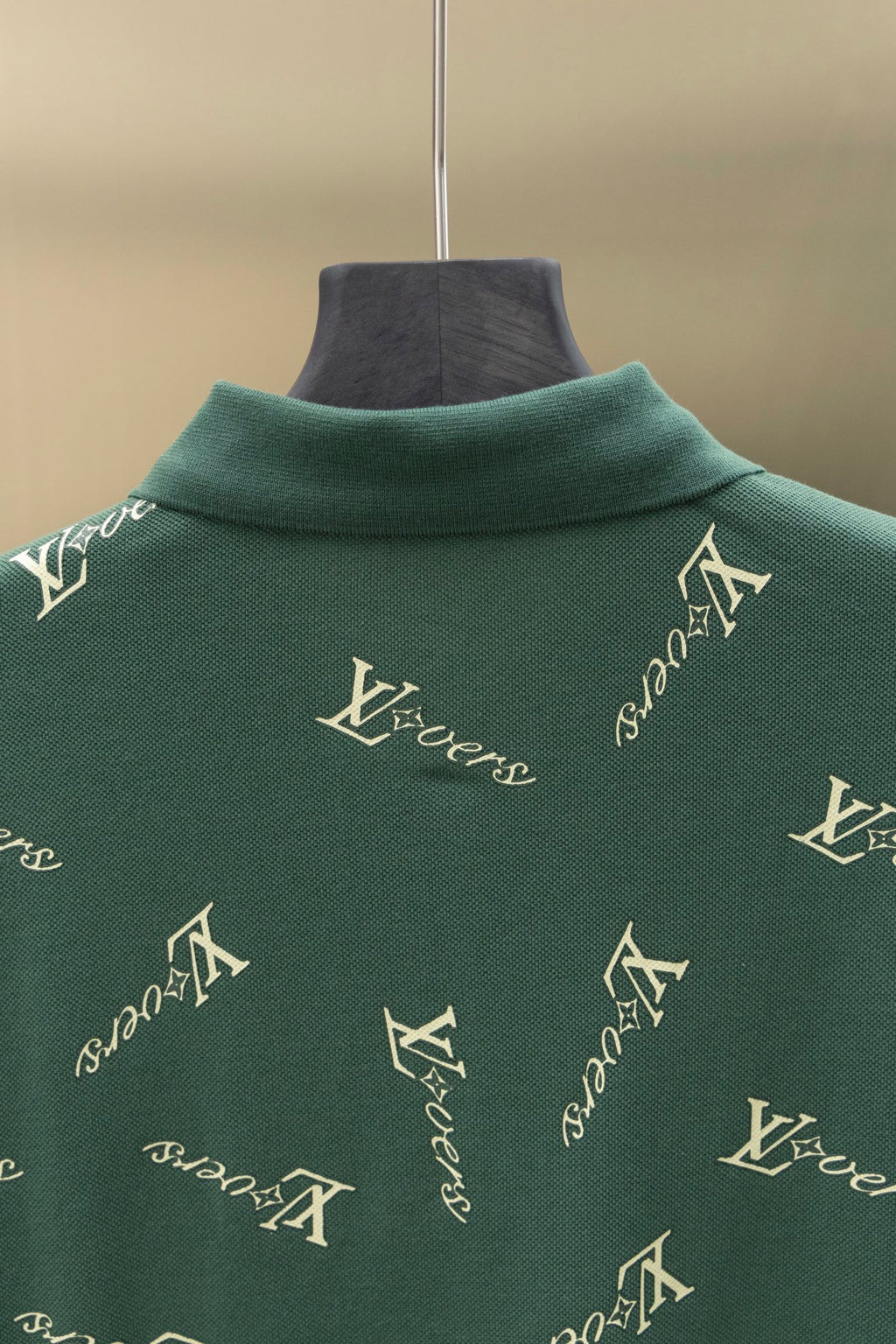 Louis Vuitton polo shirt back neck and collar in dark green with repeating logo pattern
