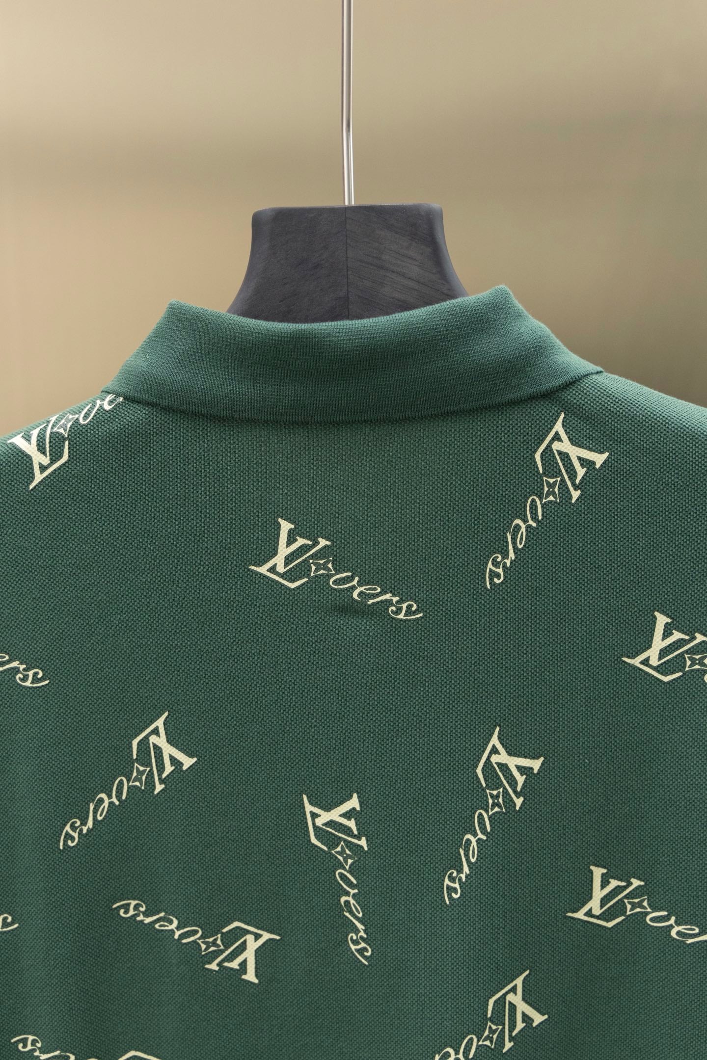 Louis Vuitton polo shirt back neck and collar in dark green with repeating logo pattern
