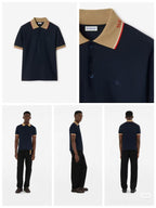 Burberry short-sleeve polo shirt, navy with tan collar and striped shoulder trim