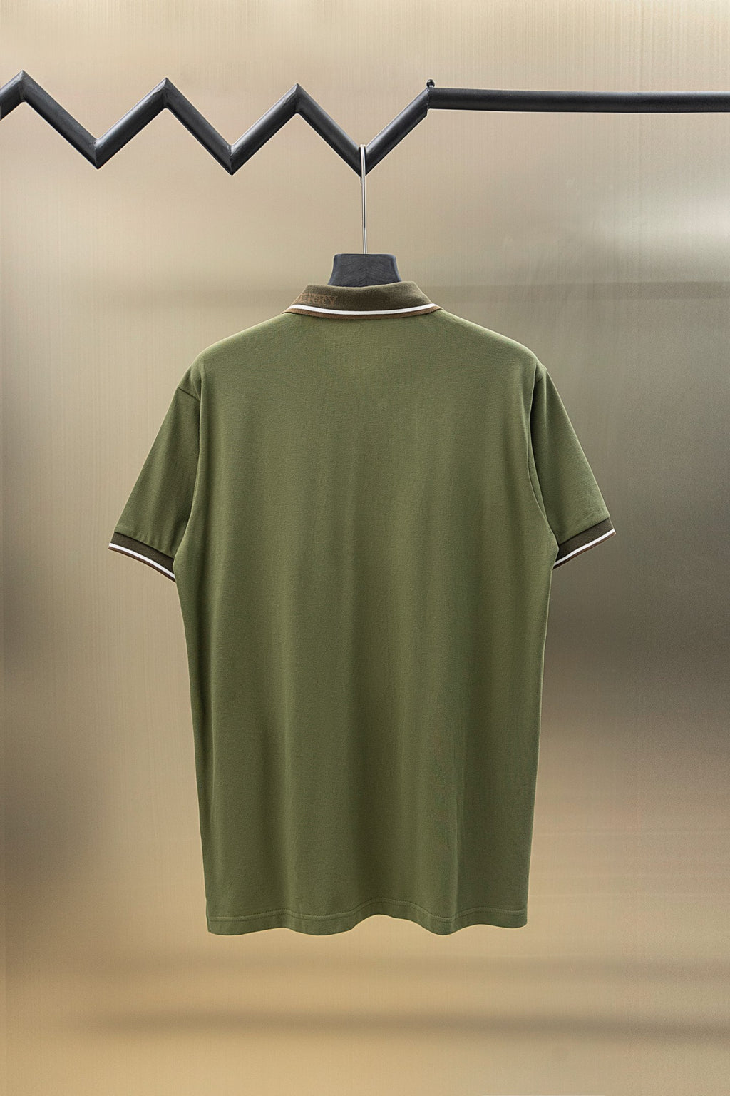 Burberry polo shirt in olive green, back view with short sleeves