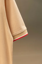 Light beige polo sleeve cuff with red-and-white striped trim