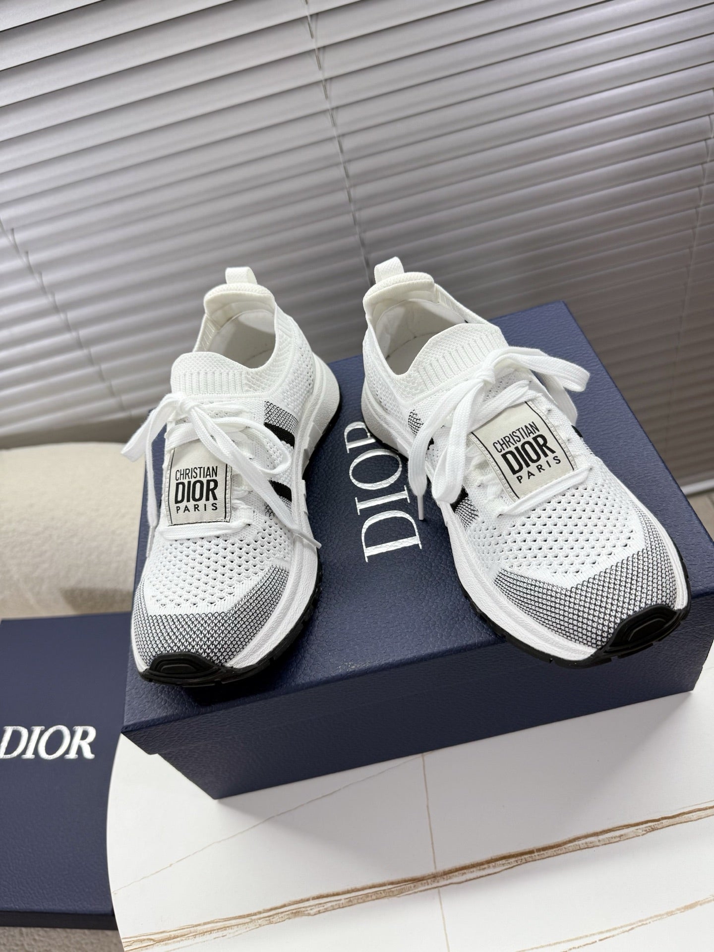 White mesh unisex sneakers with black Dior logo tag and white laces
