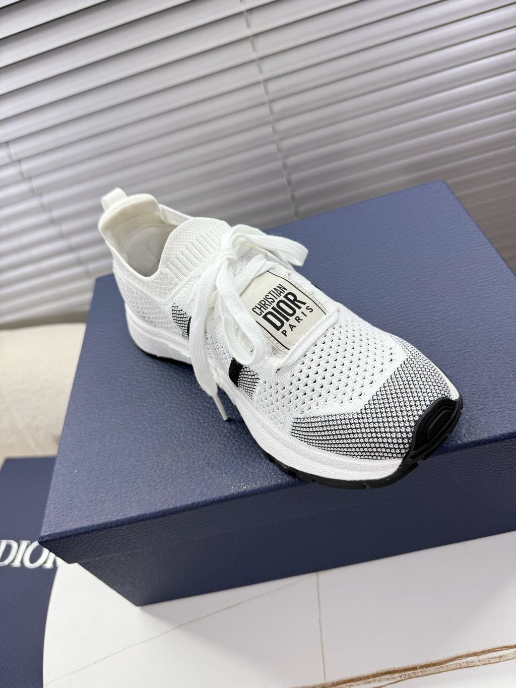 White mesh unisex sneakers with black heel trim and Dior logo on tongue