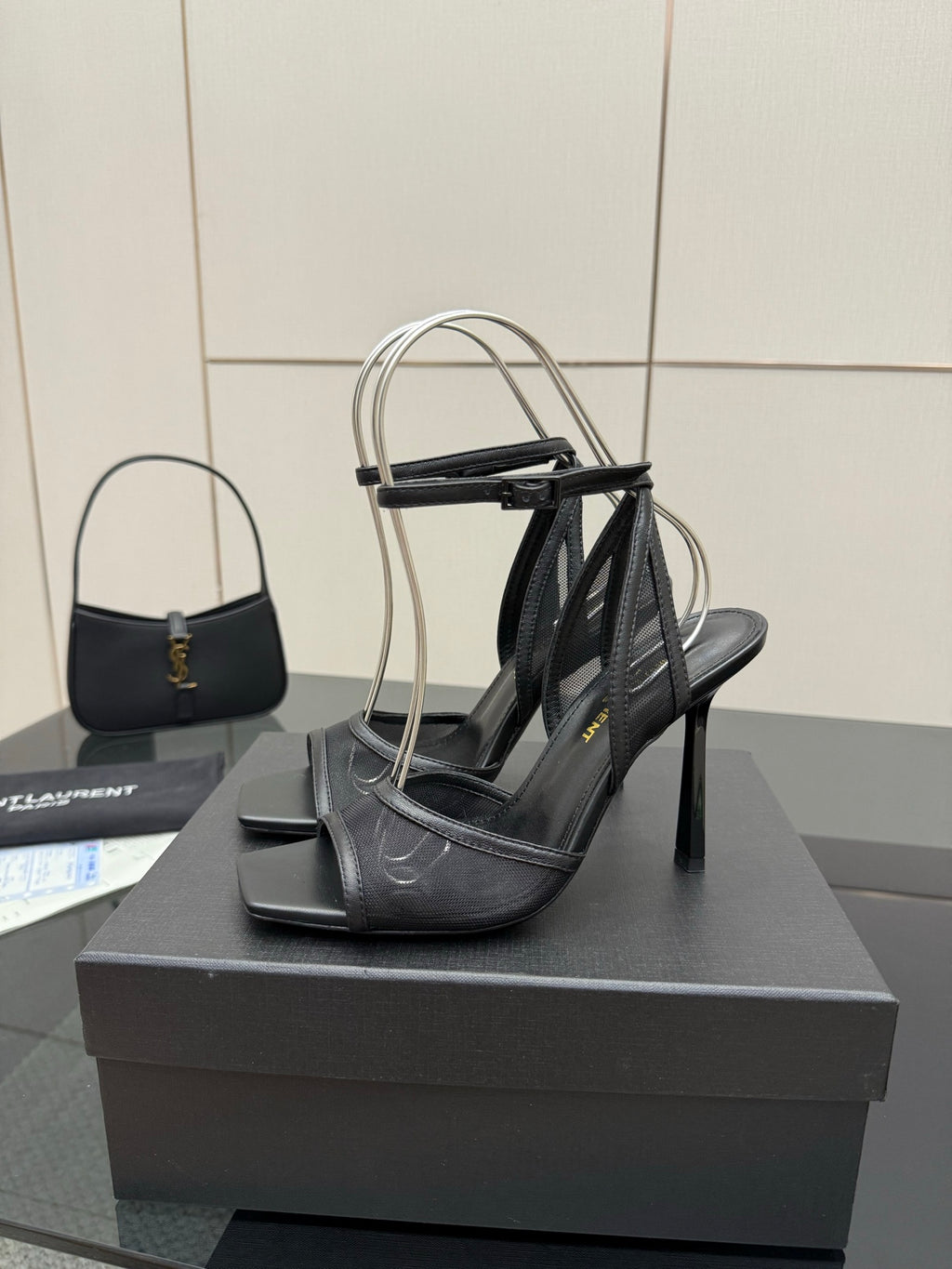 YSL ladies black strappy heeled sandals with open toe and high stiletto