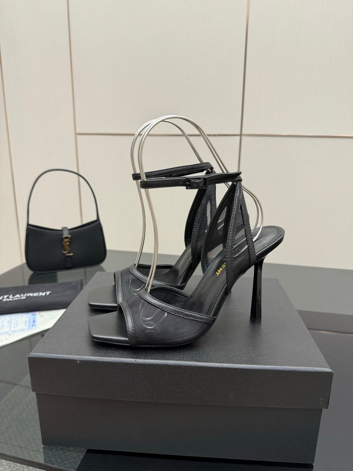YSL ladies black strappy heeled sandals with open toe and high stiletto