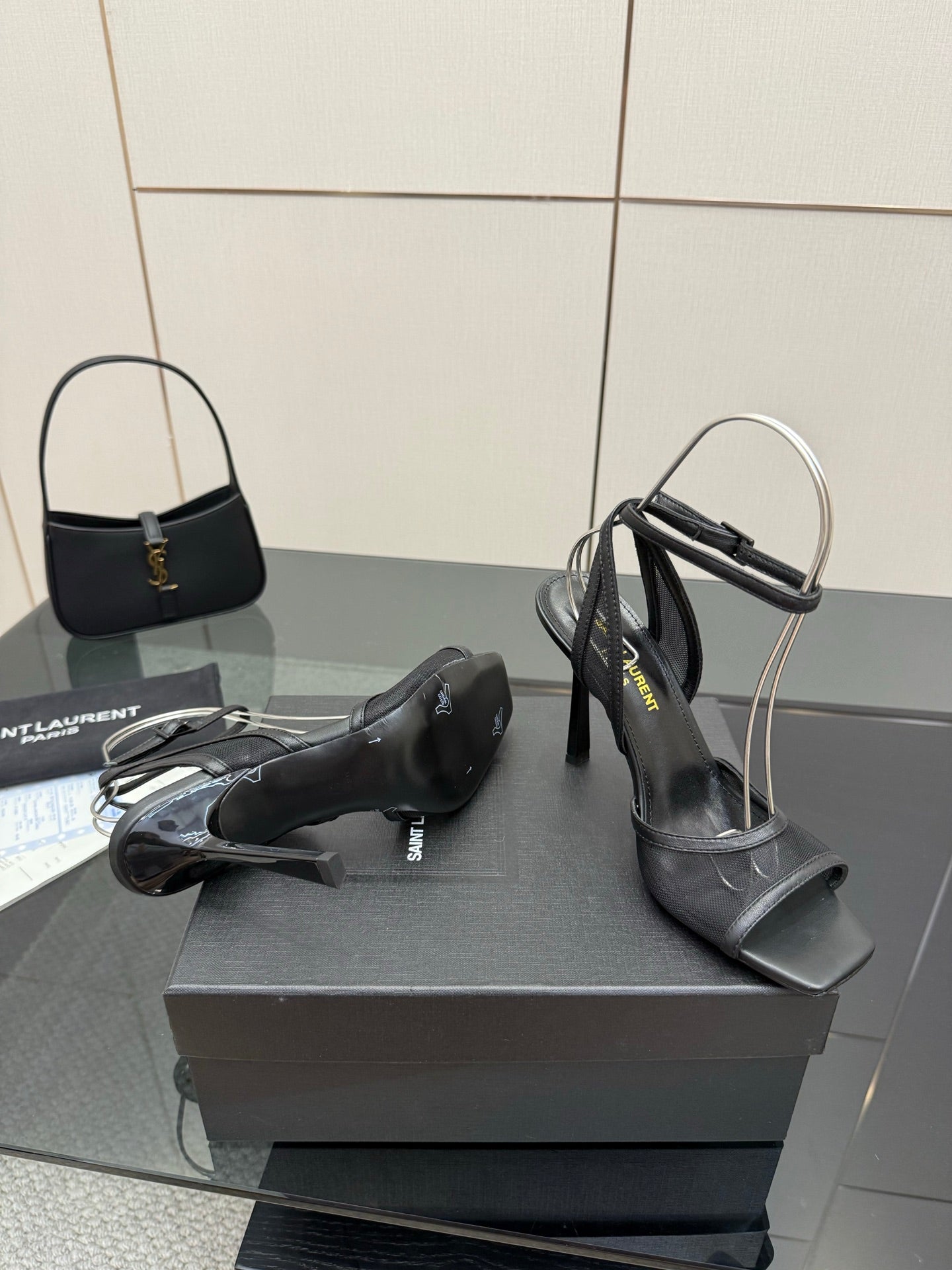 YSL ladies black strappy high-heel sandals with open toe and heel strap
