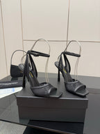 YSL ladies black strappy high-heel sandals with thin ankle straps