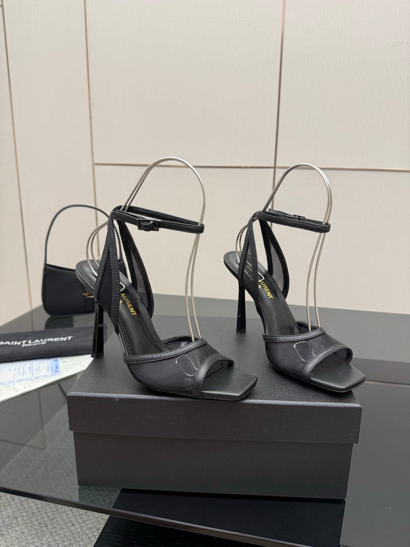 YSL ladies black strappy high-heel sandals with thin ankle straps
