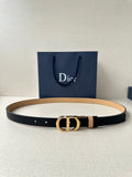 Leather belt with navy strap, tan stripe, and gold-tone CD buckle