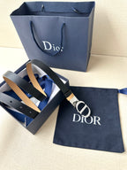 Leather belt with navy strap and tan stripe, silver buckle clasp